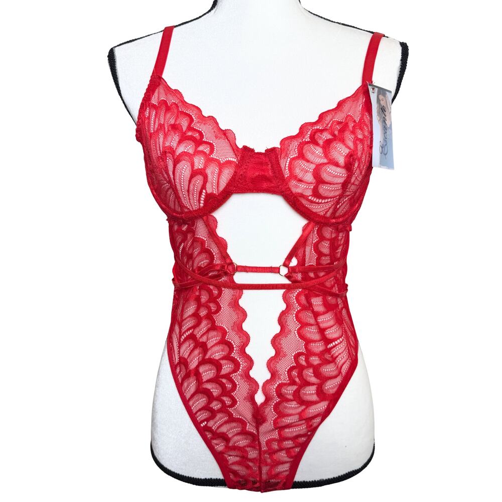 Escante Collection Lace Cutout Strappy Teddy Bodysuit Medium/Large Red Boudoir